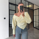 High-End Light Luxury Summer Solid-Colored Shoulder Collar Lantern Cuffs Waist Design Long-Sleeved