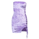 Strapless Hollow Velvet Slit Irregular Spring Strappy Tube Top Mini Summer Party Bandage Bodycon Dress Pink Dresses