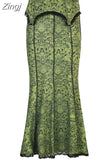 Vintage Fashion Elegant Green Trumpet Long Skirt Graphic Printed Lace Trim Y2K High Waist Skirt Women 2000s