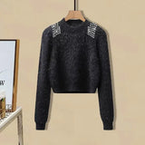 Fall Winter Knitwear Two Piece Sets For Women Outfits Ladies Elegant Diamond Sequined Knitted Sweater And Warm Pants