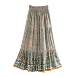 Queens Women Beige Floral Print Beach Bohemian Skirt High Elastic Waist Rayon Cotton Boho Maxi Skirts