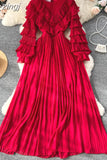 Winter Women Ruffle Pleated Long Dress Vintage Round Nec Puff Sleeve High Waist Draped Maxi Vestidos Green/Red/Purple
