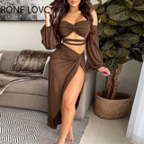 Women Solid Strapless Hollow out High Silt Lace up Long Sleeves Sexy Party