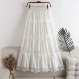 kawaii Chiffon Lace Stitching A-line pleated skirt Women's High Waist Midi Skirts Black Purple Elegant Party Long