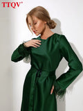 Elegant Feathers Full Sleeve Green Dresses For Women 2022 Autumn O-neck Lace-up Midi Dress Fashion Solid Satin Loose