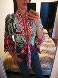 Queens Floral Print Sashes Short Kimono Women New Fashion V Neck Batwing Sleeves Ladies Blouses Casual