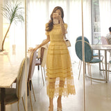 Lace Hollow Yellow Elegant Midi Women Dress High Waist A-line Vintage Womens Clothing Casual Fitted Dress Maxi