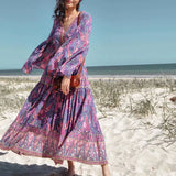 Queens Women Purple Floral Print Batwing Sleeve Beach Bohemian Pleated Maxi Dresses Ladies V Neck Summer Dress