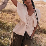 Summer New Lazy Linen Texture Round Collar Shirt Loose Thin Comfortable Sunscreen