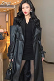 Autumn Long Black Patchwork Pu Leather Trench Coat for Women Double Breasted Loose Stylish Luxury Designer Clothing