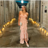 Pink Layered Ruffles Strapless Maxi Dress- Outfit