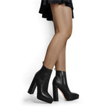 Onlymaker Women Ankle Boots Pointed Toe Black Matte Flock12CM Chunky Heel Platform Booties Party Shoes Large Size Short