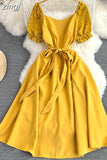 Vintage Women Lace Patchwork Midi Dress Elegant Square Collar Short Puff Sleeve Big Swing Casual Vestidos Female 2023