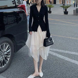 Y2K Irregular Tulle Skirt Women Gothic High Waist Asymmetrical Mesh A Line Midi Skirts Korean Office Lady All Match