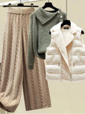 Warm 3 Piece Set Women Pullover Sweater + Wide Leg Pants +Lamb Wool Vest Outfits Knitted Suit Tracksuit Womens
