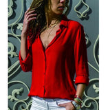 Spring Autumn Sexy Deep V Neck Chiffon Long Sleeve Ladies Work Shirts Casual Slim Button Women's Blouse White Solid