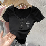Square Collar Crop Tops Black Cross Appliques Solid T Shirts Skinny Basic Office Lady Streetwear Summer Casual Korean