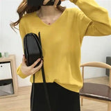 Autumn Basic Solid V-neck Knitting Pullover Ladies Elegant Fashion All-match Sweater Female Loose Casual Jumper Top