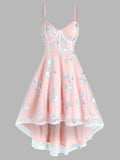 Strap Flower Embroidered High Low Mesh Dress Fairy Chic Gentle Dress Sweet Daisy Printed Long Floral Dress