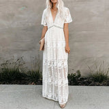 Queens Summer 2021 Women Lace Embroidery Long Sleeve V-neck White Chiffon Beach Dress Lady mesh Patchwork Boho