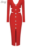 Winter Long Sleeve Maxi Bandage Dress Sexy White V-Neck Hollow Out Diamond Button Dress Evening Club Celebrity Party