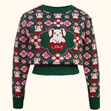 Christmas Retro Dark Green Flower Jacquard Rabbit Sweaters Women Streetwear Crop Y2K Tops Winter Long Sleeve Kawaii