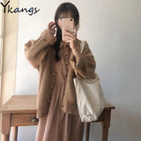 Winter 2pcs Set Women Korean Kawaii Cardigans Single Breasted Sweaters And Half Sleeve Plaid Dress Japanese Loose