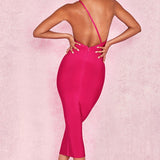 New Women Bandage Dresses 2022 Sexy One Shoulder Spandex Backless Sleeveless Celebrity Bodycon Party Midi Dress