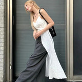 Y2K Solid Long Camis Women Streetwear Sexy Slash Neck Slit Ruffles Sleeveless Corset Tank Beach V Neck Backless Crop