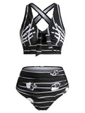 Striped Print Knot Front Padded Tankini Set Casual Summer Beach Wear Swimsuit Ladies Two Pieces Bathing