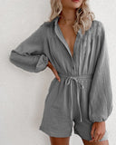 Queens Women Boho Bodysuits Solid Long Sleeve Pockets Loose Rompers Bohemian Polyester Sashes