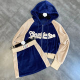 2022 Winter Long Sleeve Drawstring Hooded Embroidery Letters Velvet Sweatshirt Short Skirt Two Piece Set Outfits