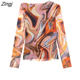 New Women Vintage Graffiti Print Mesh Yarn Slim Smock Blouse Female Pleats Design Streetwear Shirt Chic BlusasTops