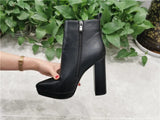 Onlymaker Women Ankle Boots Pointed Toe Black Matte Flock12CM Chunky Heel Platform Booties Party Shoes Large Size Short