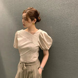 Korean Elegant Chic Blouse Women Summer Pleated Puff Sleeve Shirts Office Lady Fashion Slim Solid Folds V Neck Chic