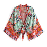 Queens Floral Print Sashes Short Kimono Women New Fashion V Neck Batwing Sleeves Ladies Blouses Casual