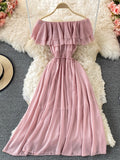 Chiffon Dress Women Sexy Slash Neck Ruffle Robe Elegant Ruffle High Waist Vestidos Female Beach Vacation