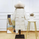 Winter Loose Windbreak Long Coat Women Real Natural Fur Hooded Jacket 90% White Duck Down Coat Thick Warm Snow