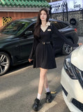 Polo Neck Long Sleeve Black Midi Dresses for Women 2023 Autumn New Fashion Slimmer Waist Casual Korean Female
