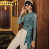 Mesh Turtleneck Long Blouse Women See Through Transparent Sheer Top Floral Side Split Long Sleeve Ladies Blouse