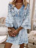 New Casual Office Women Pullover Dress Summer V-Neck Ruffle Sleeve Mini Dress Ladies Fashion Printed Loose A-Line