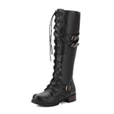 Lace Up Knee High Boots Women Fashion Boots Flats Shoes Woman Square Heel Rubber Flock Boots Botas Winter Buckle Size