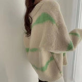 for Women Stripe Patchwork V-Neck Oversized Cardigan Loose Lazy Coats Woman Winter 2021 Korean Fashion Cardigan
