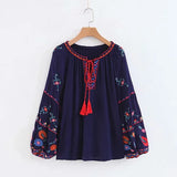 Queens Women Tassel Bohemian Floral Embroidery Beach Cotton Blouse Shirt Long Sleeve Loose Boho Shirts