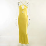 Elegant Satin Hollow Out Backless Maxi Dress For Women Gown Summer Halter Sleeveless Bodycon Long Party Dress