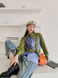 Green Navy Blue Striped Patchwork Shirt Shacket Women Button Up Belt Collared Shirt Loose Designer Fashion Top