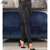 Fashion Contrast Lace High Waist Skinny Long Pants Elegant Women Casual Slim Fit Black Trousers Hollow Out Long Pants