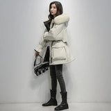 Large Natural Fox Fur Hooded Winter Jacket Women 90% White Duck Down Thick Parkas Warm Sash Tie Up Snow