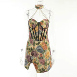 Vintage Halter Print Dress Women 2022 Summer Off-shoulder Sleeveless Backless Bodycon Elegant Split Mini