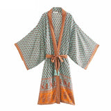 Queens Women Floral Print Sashes Bohemian Kimono Ladies V Neck Batwing Sleeves Boho Maxi Dress Robe Bikini